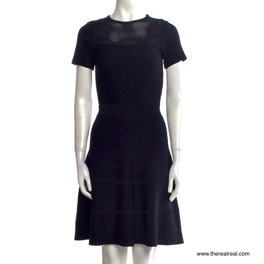 M. Patmos Navy Textured Knit Dress Crew Neck Short Sleeve Flared Skirt Sz XS